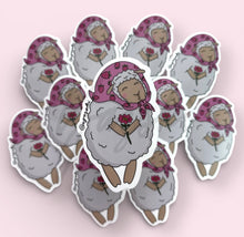 Load image into Gallery viewer, Sheep stickers with pink head scarf holding a flower on a white background