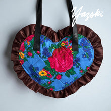 Load image into Gallery viewer, Masani Blue Floral Heart Ruffle Tote
